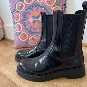 Zara Boots Black Mid-Calf Women's Faux Patent Leather, Pull-on Size 9-9.5